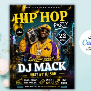 Redigerbar Hip Hop-festflyer: Flyer för urban natt-DJ-musikevenemang (PSD- och Canva-mall)