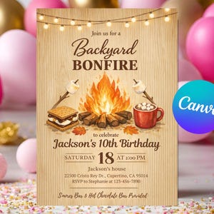 May include: An invitation for a backyard bonfire birthday party with a rustic design. The image shows a bonfire, s'mores, and a mug of hot chocolate. The text reads "Join us for a Backyard Bonfire to celebrate Jackson's 10th Birthday" with event details.