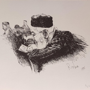 Dibujo a tinta de un hombre judío recitando salmos, Tehilim – Arte judaico, IMPRESIÓN FIRMADA Y NUMERADA