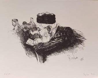 Ink Drawing of a Jewish Man Reciting Psalms , Tehilim – Judaica Art, SIGNED NUMBERED PRINT