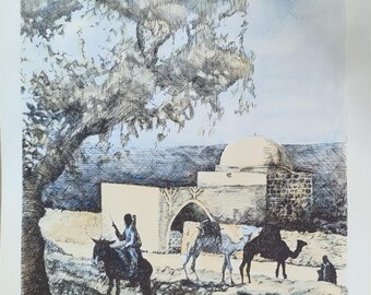 Ink Drawing of Rachel’s Tomb in Its Structure from the Late 19th Century –  SIGNED NUMBERED PRINT with original Watercolour wash