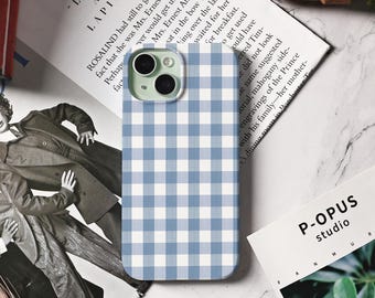 Light Blue Basic Plaid Phone Case For iPhone 15, Aesthetic iPhone 16 15 14 13 12 11 Pro Max Case, Cute iPhone 16e Case, Trendy iPhone Cover