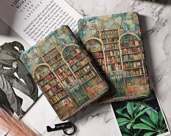 May include: Two decorative book covers with a vintage design featuring a bookshelf filled with books. The covers are made of a textured material with a blue, green, and brown color scheme.
