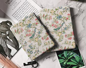 May include: Two white and cream floral patterned covers for an e-reader. The covers have a delicate floral design with small blue birds and green leaves. The covers are on a white marble surface.