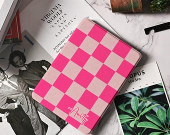 Pink Checkerboard Kindle Case Cover For Kindle Paperwhite 1/2/3, Kindle 2019/2022, Kindle Paperwhite 12th Gen, Custom Name Kindle 11th Cover