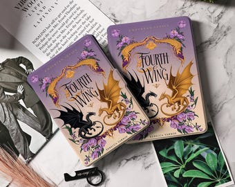 May include: Two rectangular book covers with the title "Fourth Wing" and dragon illustrations. The covers are purple with gold accents and floral designs. The author's name, Rebecca Yarros, is also visible.