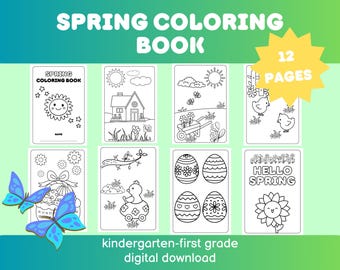 Libro para colorear de primavera / 12 páginas / Jardín de infantes / Imprimibles de primer grado / Hojas de trabajo de Pascua / Colorear de Pascua /