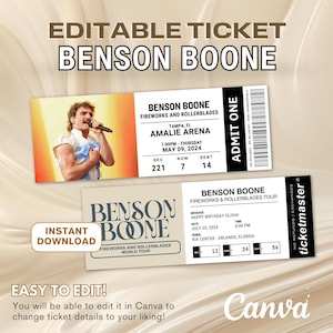 Bearbeitbares Benson Boone Ticket | Benson Boone Tour benutzerdefinierte Konzertticket, DIY Geschenk Canva Vorlage