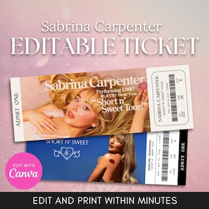 Billet modifiable Sabrina Carpenter | Billet personnalisé pour la tournée Short n' Sweet, modèle de toile cadeau DIY
