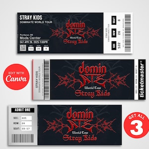 Bearbeitbares Stray Kids Ticket | DominATE World Tour Individuelles Konzertticket, DIY Geschenk Canva Vorlage