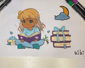 Kawaii Girl Reading Coloring Page – Printable Kids & Adults (Digital Download)
