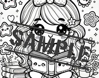 Part 2 - 5 Cute Kawaii Girl Reading Coloring Pages - Digital Download - Printable Coloring Sheets - Relaxing Activity for All Ages