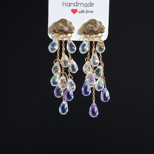 Rain Cloud Earrings, Purple Czech Glass Rain Drop Earrings, Sky Inspired Jewelry, Teardrop Tassel Earrings for Women