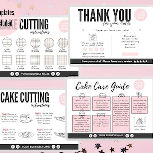 May include: A set of four pink and white templates for cake cutting instructions, a cake care guide, and a thank you note. The templates include diagrams, text, and social media icons. The text includes instructions for cutting and caring for cakes.