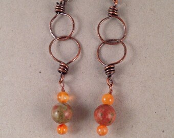 Unakite Antique Copper Dangle Earrings 3.5 Inches Long Handmade One of a Kind