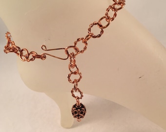 Copper Ankle Bracelet with Antique Copper 12mm Bead Charm Adjustable with Your Choice of Length and Clasp