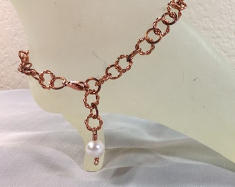 Copper Ankle Bracelet with Swarovski Crystal Pearl Charm Adjustable up to 11 Inches Long with Your Choice of Clasp and Pearl Size and Color