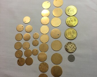 Brass Round Circle Blanks Total of 36 Pieces from 1 inch to 5/8 Inch includes 5 Miscellaneous Gold Caribbean Coins See Item Details