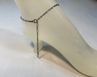 Antique Copper Anklet with wire wrapped Turquoise Crystal Bead Charm in Various Sizes with Optional Turquoise Magnesite Stone Bead Charm