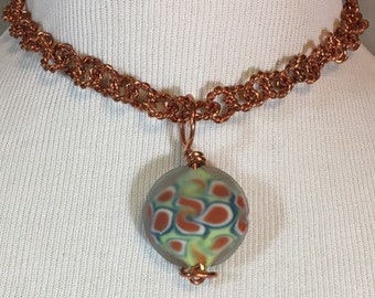 Copper Blue Green & White Wire Wrapped Pendant with Two Chain Necklaces Pendant is 2" Long 1" Wide Chains Total 31.25 Inches One of a Kind