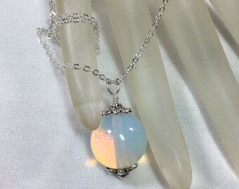 Opal and Silver Necklace with Opalite Pendant 5/8 Inches Long on Handmade Silver Chain in Your Choice of Length 18", 22" or 27"