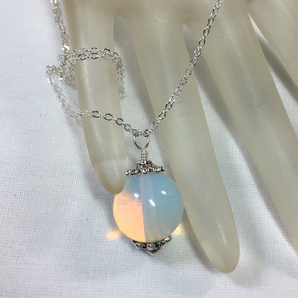 Opal and Silver Necklace with Opalite Pendant 5/8 Inches Long on Handmade Silver Chain in Your Choice of Length 18", 22" or 27"