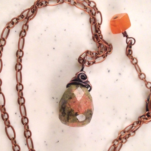 Unakite Pendant 1 Inch Long on Adjustable Antiqued Copper 18.5 Inch Chain Previously Twenty Five Dollars ON SALE