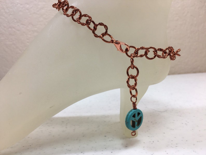 Copper Ankle Bracelet with Turquoise Peace Charm Adjustable With Your Choice of Length and Clasp zdjęcie 5