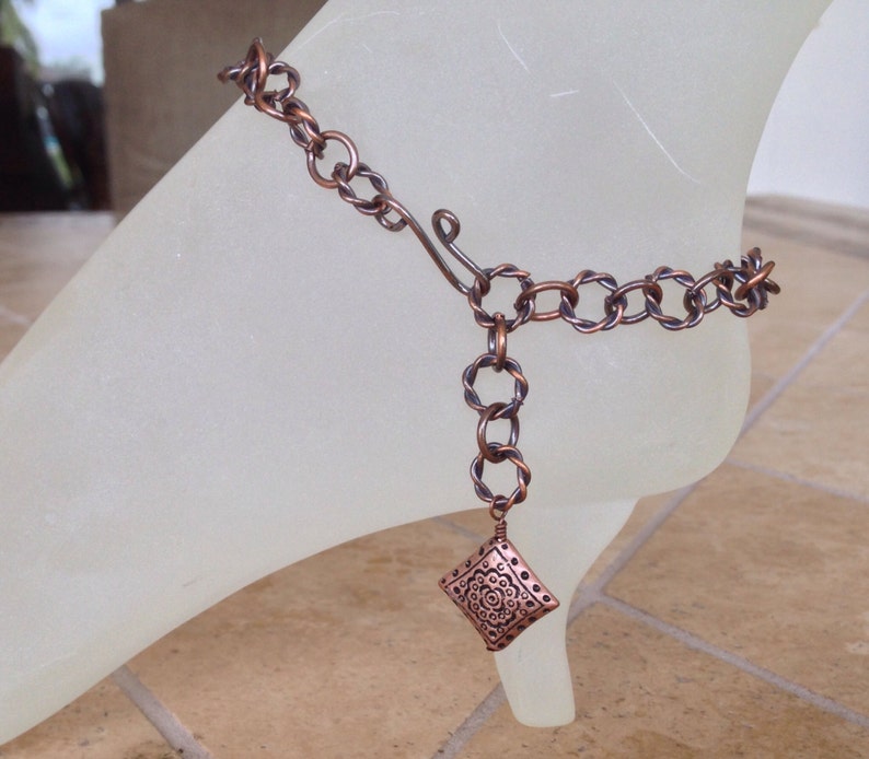 Antique Copper Anklet with Antique Copper Wire Wrapped Copper Charm 10.5 With Your Choice of Length and Clasp image 1