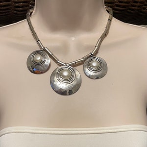 Vintage Sterling Silver Choker Necklace with Three Silver and Pearl Accent Beads 16.5 Inches Long image 3
