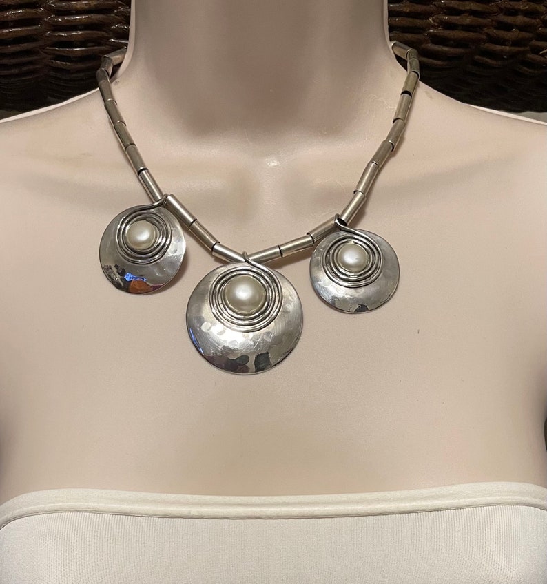 Vintage Sterling Silver Choker Necklace with Three Silver and Pearl Accent Beads 16.5 Inches Long image 3