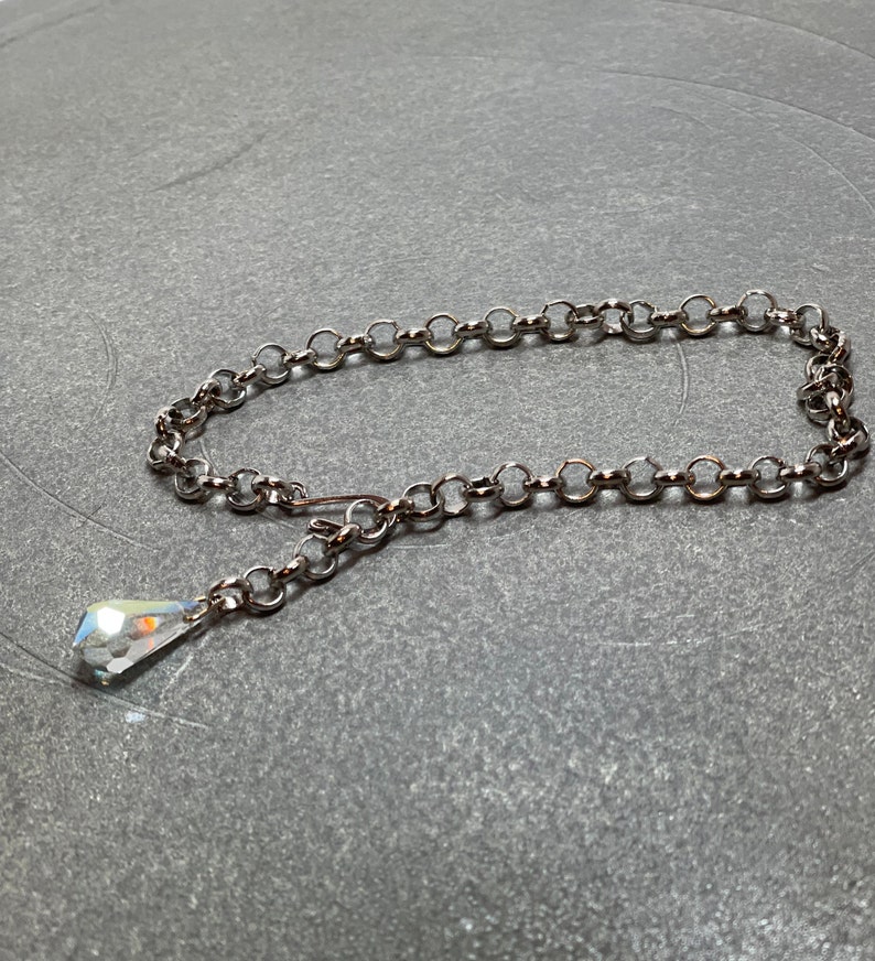 Silver Ankle Bracelet with Vintage Crystal Teardrop Charm on Silver Rolo Chain Adjustable to 10.5 Inches One of a Kind image 6