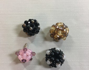 Beaded Balls Four Hand Beaded Balls Two Black, One Brown, and One Pink .5 inches Round One of a Kind Beaded Balls