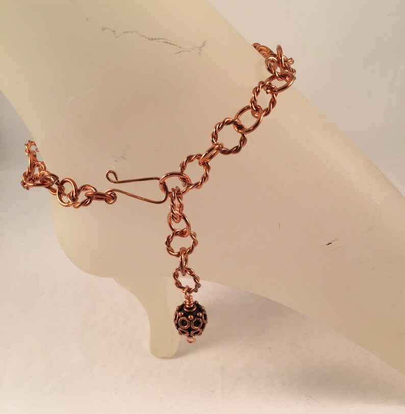 Copper Ankle Bracelet with Antique Copper 12mm Bead Charm Adjustable with Your Choice of Length and Clasp image 1