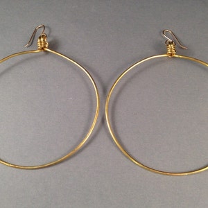 Extra Large Gold Hoop Earrings on 14kt Gold Filled Earwires, Hammered 3 Inch Diameter or 2 Inch Diameter Brass Hoops image 4