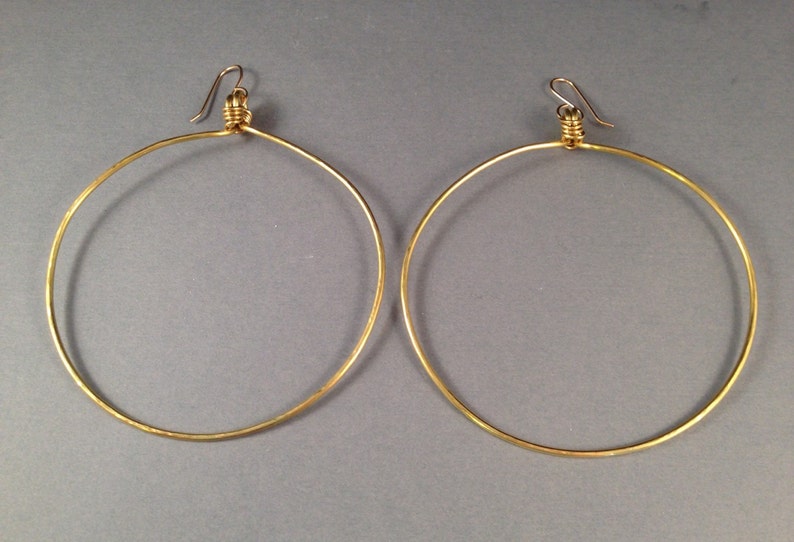 Extra Large Gold Hoop Earrings on 14kt Gold Filled Earwires, Hammered 3 Inch Diameter or 2 Inch Diameter Brass Hoops image 4