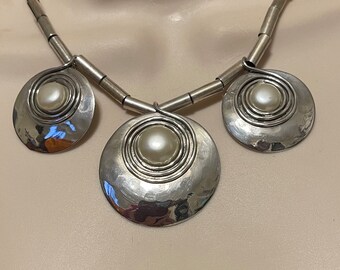 Vintage Sterling Silver Choker Necklace with Three Silver and Pearl Accent Beads 16.5 Inches Long