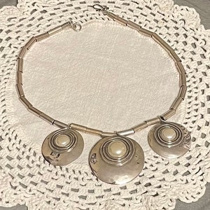Vintage Sterling Silver Choker Necklace with Three Silver and Pearl Accent Beads 16.5 Inches Long image 4