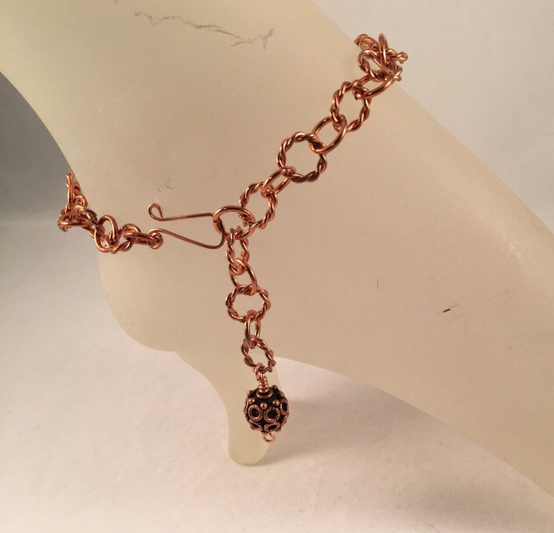 Copper Ankle Bracelet with Antique Copper 12mm Bead Charm Adjustable with Your Choice of Length and Clasp image 2