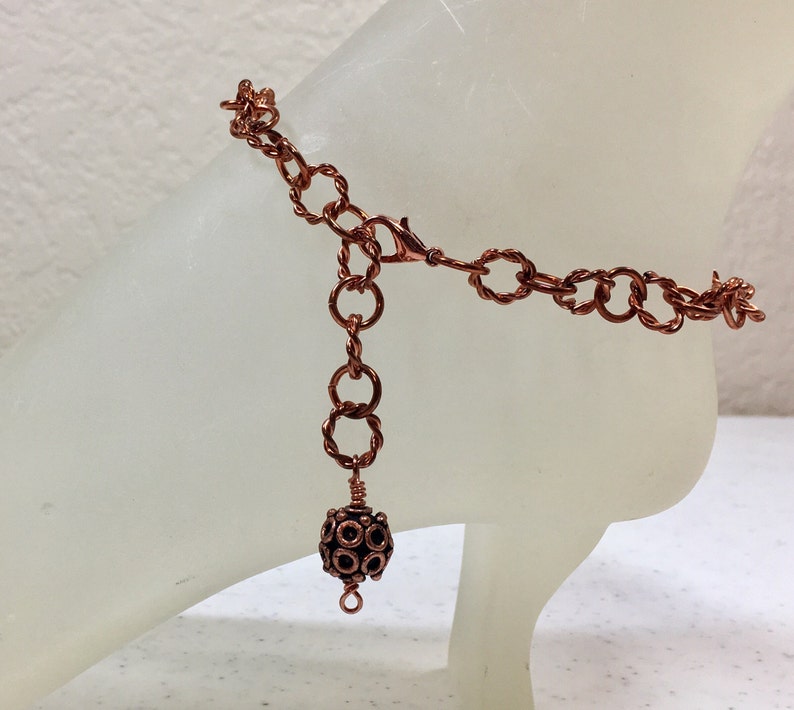 Copper Ankle Bracelet with Antique Copper 12mm Bead Charm Adjustable with Your Choice of Length and Clasp image 5