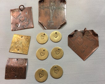 Copper and Brass Handmade Charms and Pendants Etched Copper and Brass Pendants Six Brass Heart Charms Copper Pendants with Cross and Hearts