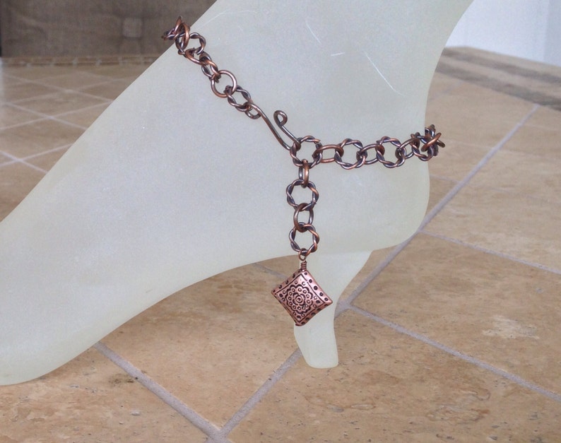 Antique Copper Anklet with Antique Copper Wire Wrapped Copper Charm 10.5 With Your Choice of Length and Clasp image 4