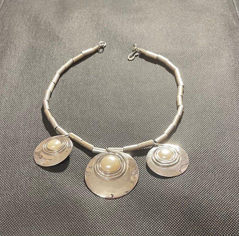 Vintage Sterling Silver Choker Necklace with Three Silver and Pearl Accent Beads 16.5 Inches Long image 10