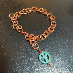 Copper Ankle Bracelet with Turquoise Peace Charm Adjustable With Your Choice of Length and Clasp zdjęcie 6