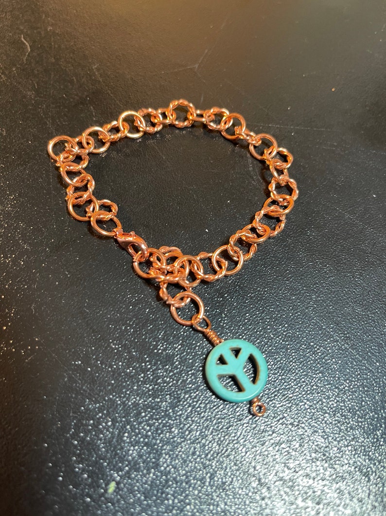 Copper Ankle Bracelet with Turquoise Peace Charm Adjustable With Your Choice of Length and Clasp zdjęcie 6