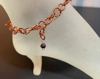 Natural Copper Ankle Bracelet with Faceted Garnet Bead Charm Adjustable Handmade Copper Anklet with Your Choice of Clasp and Length