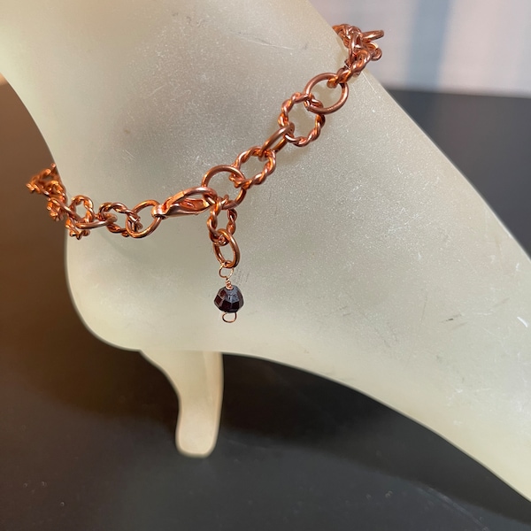 Natural Copper Ankle Bracelet with Faceted Garnet Bead Charm Adjustable Handmade Copper Anklet with Your Choice of Clasp and Length