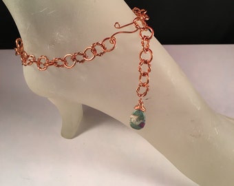 Natural Copper Ankle Bracelet with Wire Wrapped Ruby Fuchsite Bead Charm Adjustable Handmade Anklet in your Choice of Length and Clasp