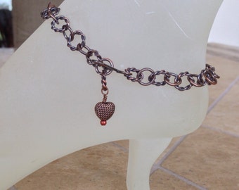 Antique Copper Ankle Bracelet with Antique Copper Heart Wire Wrapped Bead Charm, Adjustable With Your Choice of Clasp and Length