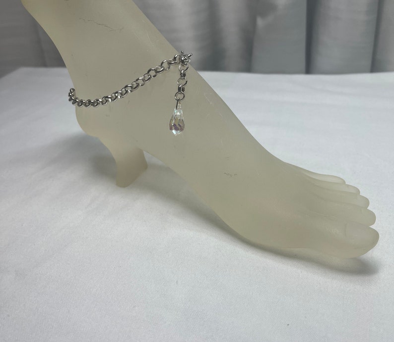 Silver Ankle Bracelet with Vintage Crystal Teardrop Charm on Silver Rolo Chain Adjustable to 10.5 Inches One of a Kind image 2